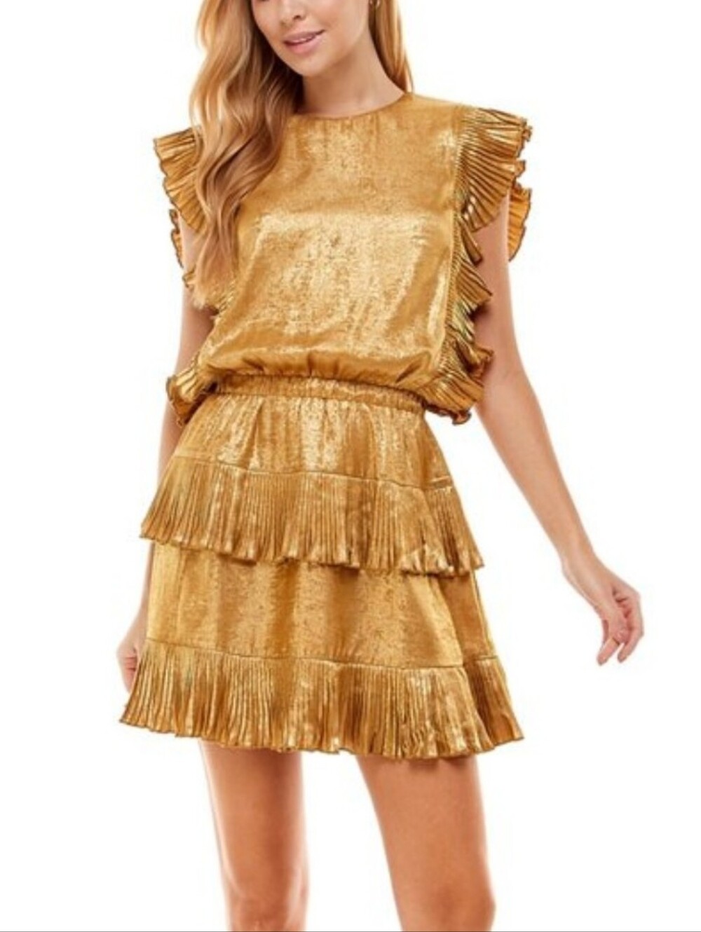 Fab'rik-Gold Pleated Mini Dress-Size Large